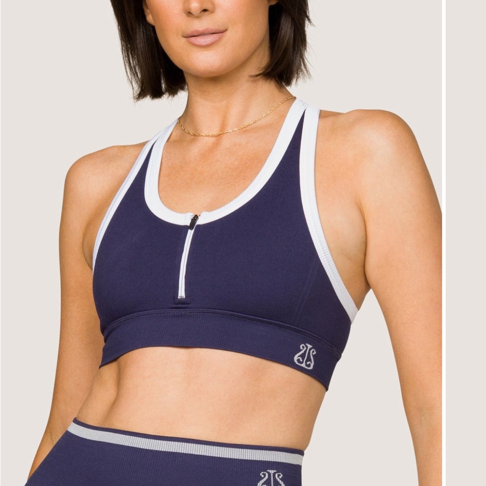 Alala Barre Zip Navy and White Sports Bra